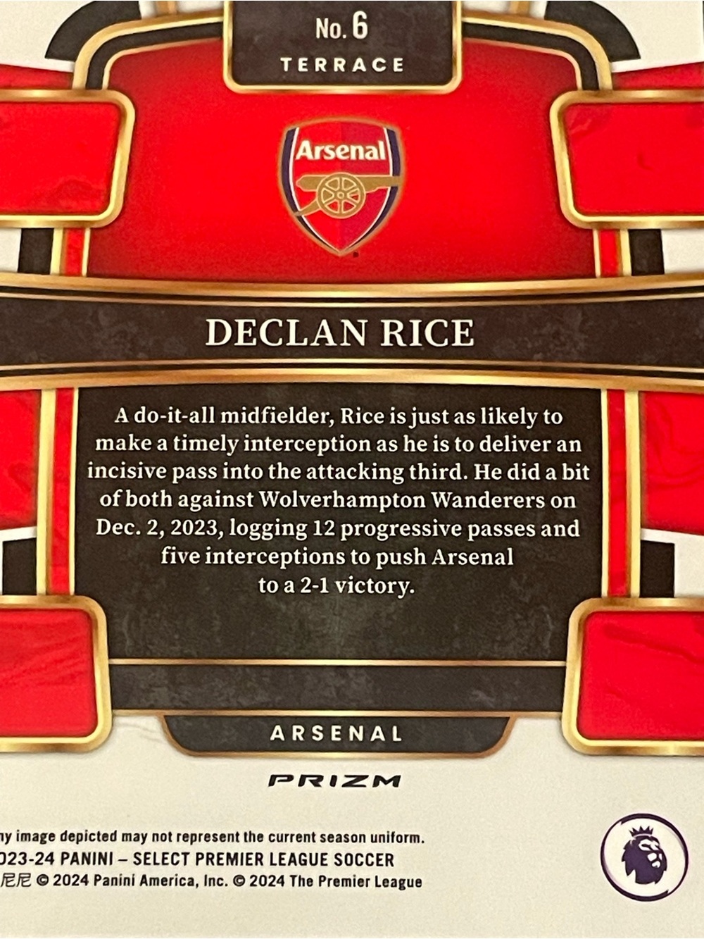 2023/24 Panini Select Declan Rice #6 Terrace Level Red Ice Arsenal Card - Picture 5 of 6